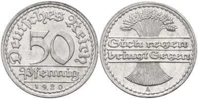 Германия 50 пфеннигов 1920 A KM 27, J.301, Weege 10 алюминий UNC 4584-715
