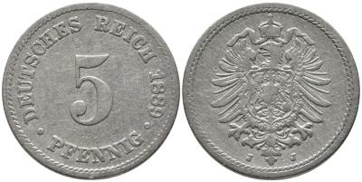 ГЕРМАНИЯ 5 ПФЕННИГОВ 1889 J, СТАРОГЕРБОВКА KM 3, J.3 медно-никель 96-619