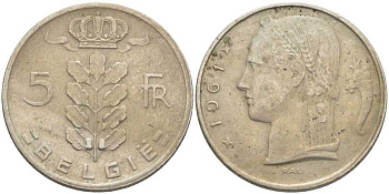 БЕЛЬГИЯ 5 ФРАНКОВ 1961 BELGIE, БОДУЭН I (1951-1993) KM 135.1 медно-никель 119-755
