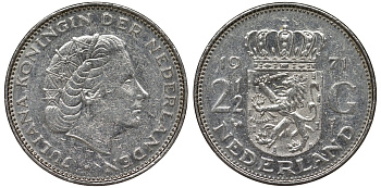 Нидерланды 2 1/2 гульдена 1971 Юлиана (1948-1980) KM 191 никель 4131-126