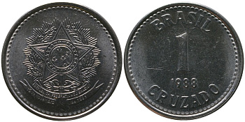 Бразилия 1 крузадо 1988 KM 605, Schon 114 нержавеющая сталь 4519-511