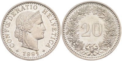 ШВЕЙЦАРИЯ 20 РАППЕНОВ 1991 В KM 29a медно-никель 55-1037