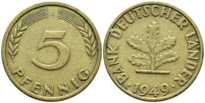 ФРГ 5 ПФЕННИГОВ 1949 J KM 102, J. 377 сталь плакированная латунью 4392-1021