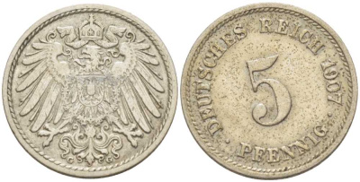 ГЕРМАНИЯ 5 ПФЕННИГОВ 1907 G KM 11, J. 12, Weege 6 медно-никель 206-951