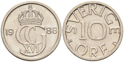 Швеция 10 эре 1988 Карл XVI Густав (1973- ) KM 850 медно-никель UNC 4585-434