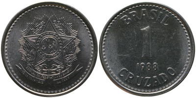 Бразилия 1 крузадо 1988 KM 605, Schon 114 нержавеющая сталь 4519-511