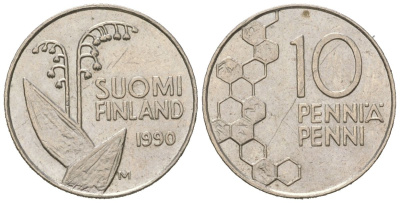 Финляндия 10 пенни 1990 M KM 65 медно-никель aUNC 99-1062