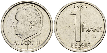 БЕЛЬГИЯ 1 ФРАНК 1994 BELGIE, АЛЬБЕРТ II (1993-) KM 188 сталь плакированная никелем 4528-1033