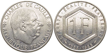 ФРАНЦИЯ 1 ФРАНК 1988 ШАРЛЬ ДЕ ГОЛЛЬ, 30 ЛЕТ РЕСПУБЛИКЕ KM 943, LA FRANC 227.2 никель 175-554