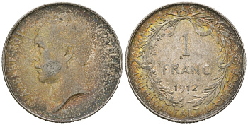 Бельгия 1 франк 1912 DES BELGES, Альберт I (1909-1934) KM 73 серебро 4543-1214