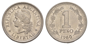 Аргентина 1 песо 1960 KM 57 сталь плакированная никелем 4656-1136