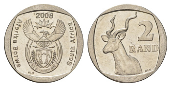 ЮАР 2 ранда 2008 KM 445 медь плакированная никелем UNC 4628-227