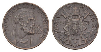 Ватикан 10 чентезимо 1935 Пий XI (1922-1939) KM 2 бронза 633-312