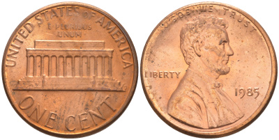США 1 ЦЕНТ 1985 ЛИНКОЛЬН KM 201b цинк плакированный медью UNC 188-231