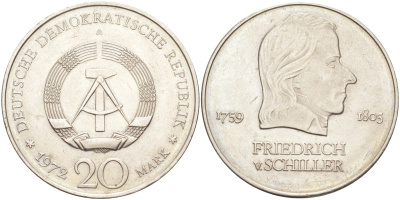 ГДР 20 марок 1972 А, Фридрих Шиллер (1759-1805) KM 40 медно-никель 3855-1235