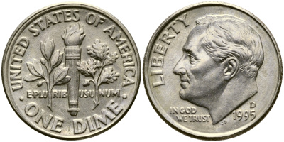 США 10 ЦЕНТОВ = 1 ДАЙМ 1995 D, РУЗВЕЛЬТ KM 195а медь плакированная медно-никелем 46-1152