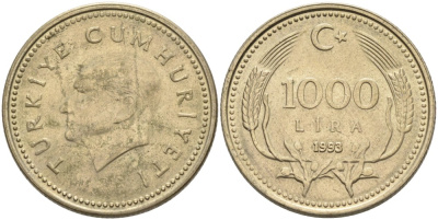 Турция 1000 лир 1993 Кемаль Ататюрк KM 997 медь никель цинк аUNC 4561-134