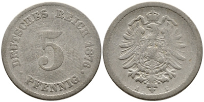 ГЕРМАНИЯ 5 ПФЕННИГОВ 1876 E, СТАРОГЕРБОВКА KM 3, J.3 медно-никель 4387-745