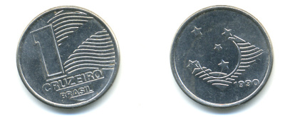 Бразилия 1 крузейро 1990 KM 617 нержавеющая сталь aUNC 93-731