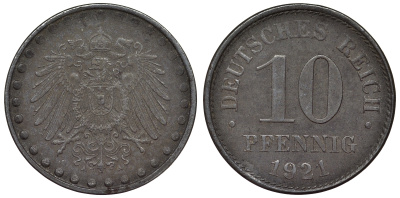 Германия 10 пфеннигов 1921 A KM 20, J. 298 железо 4119-144
