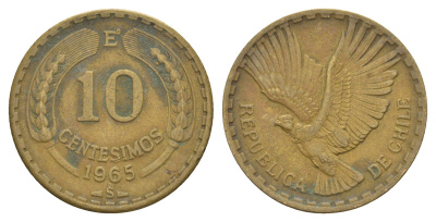 Чили 10 сентесимо 1969 KM 191 алюминиевая бронза 4656-1022