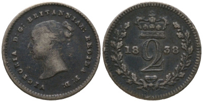 Великобритания 2 пенса 1838 Виктория (1837-1901), для обращения в Британской Гвиане и некоторых частях Британской Вест-Индии, первый год выпуска KM 729, Spink 3914E серебро 4532-166