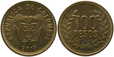 Колумбия 100 песо 2010 KM 285.2, Restrepo 445.11 латунь 4539-137