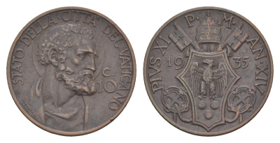 Ватикан 10 чентезимо 1935 Пий XI (1922-1939) KM 2 бронза 633-312