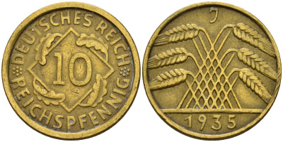 Германия 10 рейхспфеннигов 1935 J KM 40, J. 317 алюминиевая бронза    4601-836
