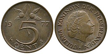 Нидерланды 5 центов 1977 Юлиана (1948-1980) KM 181 бронза 220-1265