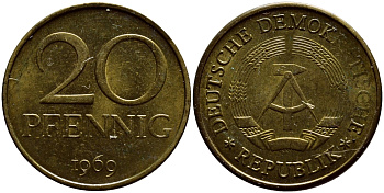 ГДР 20 пфеннигов 1969 А, первый год KM 11 латунь UNC 4398-157
