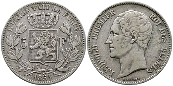 Бельгия 5 франков 1851 Леопольд I (1831-1865), точка над датой KM 17 серебро 00-1067-3-63