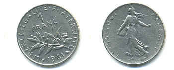 ФРАНЦИЯ 1 ФРАНК 1961 СЕЯТЕЛЬ KM 925.1 никель 86-1811