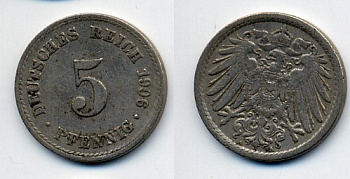 ГЕРМАНИЯ 5 ПФЕННИГОВ 1906 A, KM 11, J. 12 медно-никель 76-231