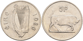 Ирландия 5 пенсов 1986 бык KM 22 медно-никель аUNC 4582-245