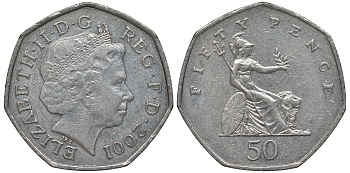 Великобритания 50 пенсов 2001 Елизавета II (1952-2022) KM 991, Spink 4610 (H8) медно-никель 4131-735