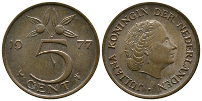 Нидерланды 5 центов 1977 Юлиана (1948-1980) KM 181 бронза 220-1265