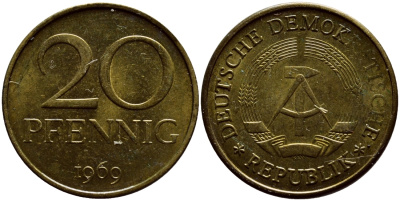 ГДР 20 пфеннигов 1969 А, первый год KM 11 латунь UNC 4398-157