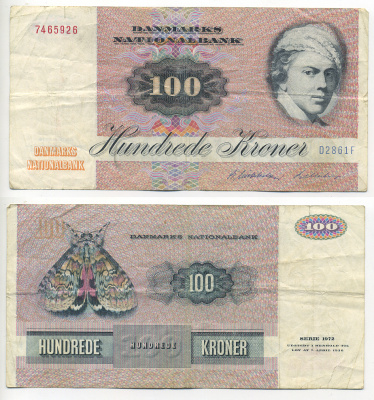 Дания 100 крон 1972 Prefix D2 Pick 51а бумага 6293-25-1