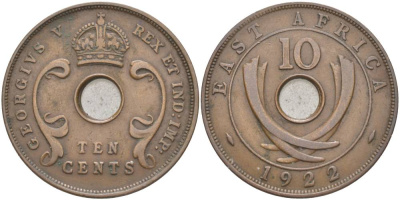 Британская Восточная Африка 10 центов 1922 Георг V (1910-1936) KM 19 бронза 38-531