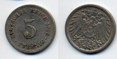 ГЕРМАНИЯ 5 ПФЕННИГОВ 1906 A, KM 11, J. 12 медно-никель 76-231