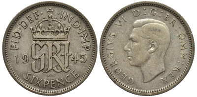Великобритания 6 пенсов 1945 Георг VI (1936-1952) KM 852, Spink 4084 серебро 4538-556
