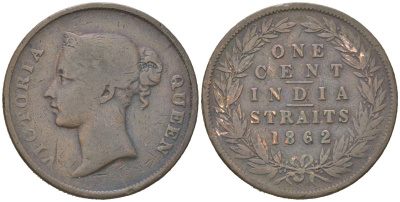 Стрейтс Сетлментс 1 цент 1862 Британская Малайя, Виктория (1837-1901) KM 6 медь 67-946