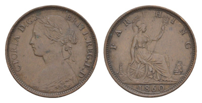 Великобритания 1 фартинг 1860 Виктория (1837-1901), зубчатая кайма KM 747.2, Spink 3958 медь 4644-755