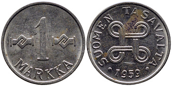 Финляндия 1 марка 1959 KM 36а железо плакированное никелем 73-234