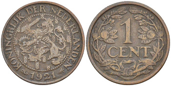 НИДЕРЛАНДЫ 1 ЦЕНТ 1921 ВИЛЬГЕЛЬМИНА I (1891-1948) KM 152 бронза 4532-619