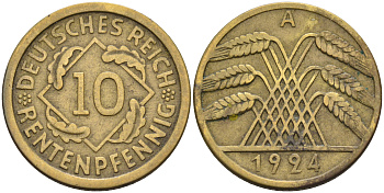 Германия 10 рентенпфеннигов 1924 A KM 33, J. 309, Weege 8 алюминиевая бронза 4589-127