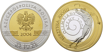 Польша 10 злотых 2004 MW, XXVIII Олимпийские игры в Афинах, дискобол, позолота KM 518 серебро PROOF 1074-8-12