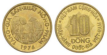 Южный Вьетнам 10 донгов 1974 год-тип KM 13 сталь плакированная латунью UNC 4675-1114