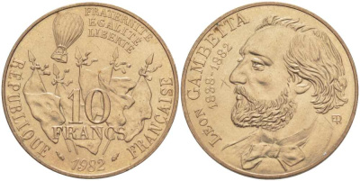 ФРАНЦИЯ 10 ФРАНКОВ 1982 100 ЛЕТ СО ДНЯ СМЕРТИ ЛЕОНА МИШЕЛЯ ГАМБЕТТЫ KM 950, LE FRANC 366.2 никель бронза 215-622